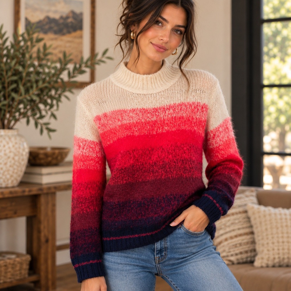 American Eagle Womens XS Ombre Striped Mock Neck Cozy Sweater Pink Red Navy